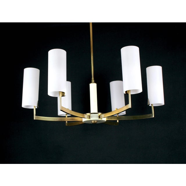 Stilnovo Stilnovo Chandelier, Mid-Century Brass & White , Six Opalines, Italy For Sale - Image 4 of 6