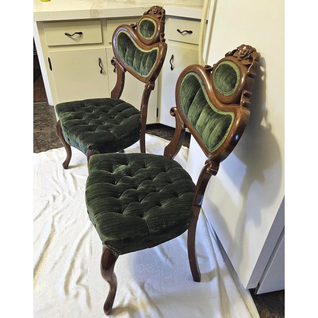 Victorian Mid-Century Pelham, Shell & Leckie Victorian Revival Tufted Green Velvet Chairs - A Pair For Sale - Image 3 of 8