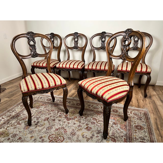 Vintage Suite of Six Centennial Victorian Style Walnut Balloon Back Dining Chairs C. 1940 For Sale - Image 4 of 12