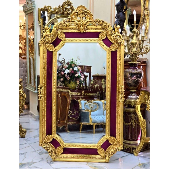 French Baroque Gold Leaf Wall Mirror – Burgundy Velvet Frame With Ornate Floral Details For Sale - Image 4 of 4