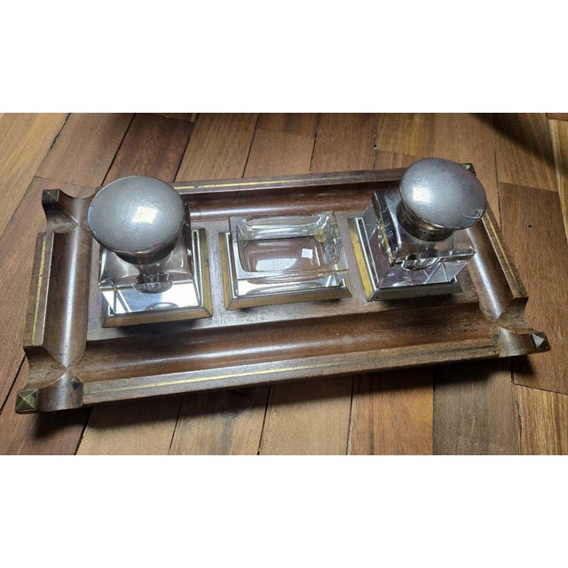19th Century English Inkwell in Mahogany with Gilt Brass Trim, 1890s, Set of 2 For Sale - Image 5 of 8