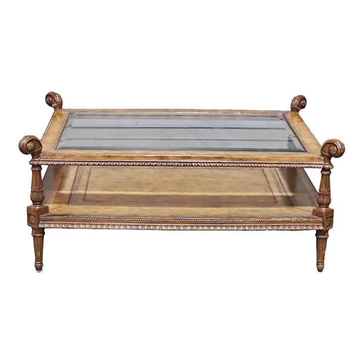 Maitland Smith Glass Top Mahogany & Leather Occasional Cocktail