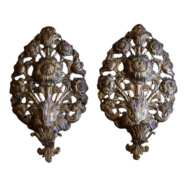 Pair of Antique Continental Brass Repoussé Sconces For Sale