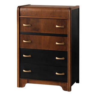 Early 20th Century Art Deco Waterfall Designer Accent Chest in Satin Walnut With Two-Tone Black Panels and Original Deco Brass Pulls For Sale