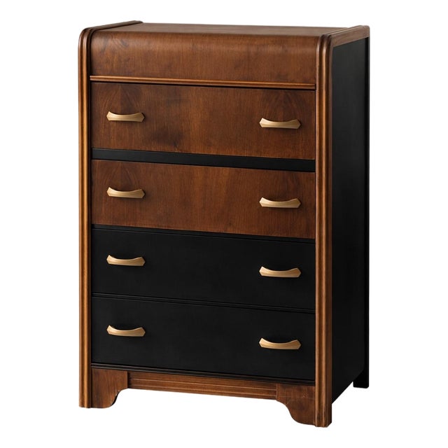 Early 20th Century Art Deco Waterfall Designer Accent Chest in Satin Walnut With Two-Tone Black Panels and Original Deco Brass Pulls For Sale