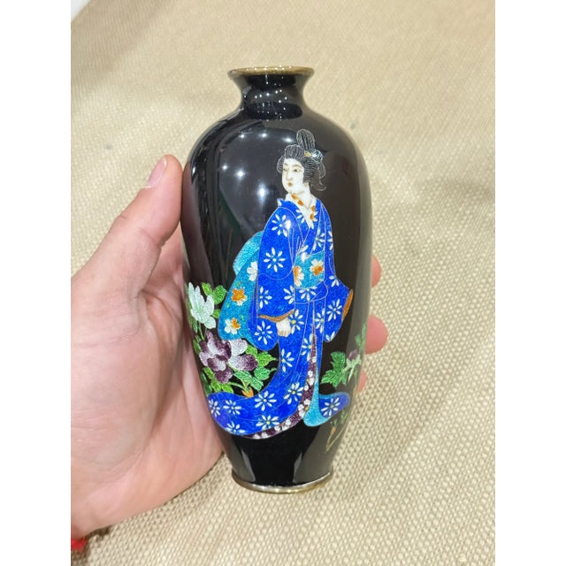 Metal Meiji Japanese Cloisonne Enamel Vase With Bijin in Blue Kimono, Circa 1890 For Sale - Image 7 of 9