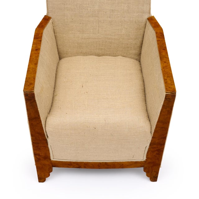 1940s French, Art Deco Period Burled Ash Bergères, Burlap Upholstery For Sale - Image 5 of 9