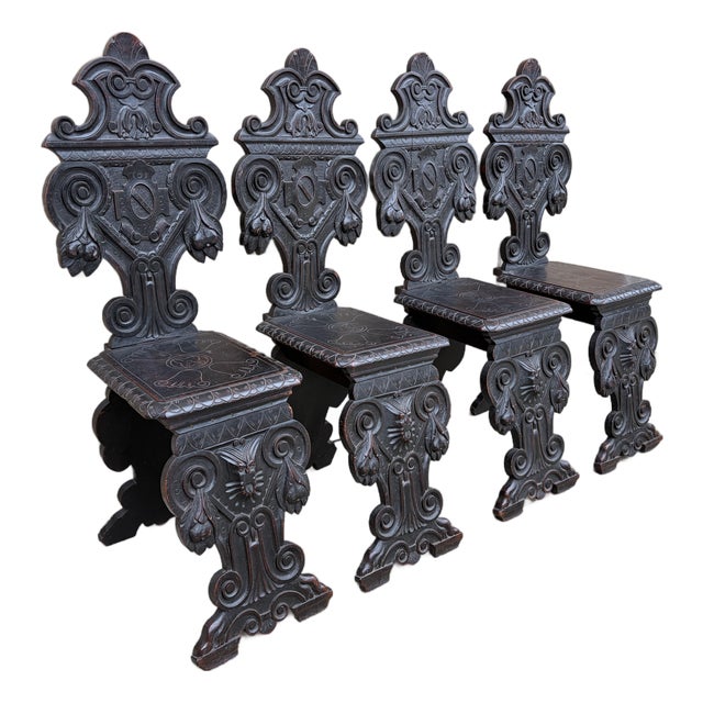 Antique 19th Century Italian Renaissance Hand Carved Walnut Hall Chairs, Set of Four For Sale