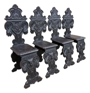 Antique 19th Century Italian Renaissance Hand Carved Walnut Hall Chairs, Set of Four