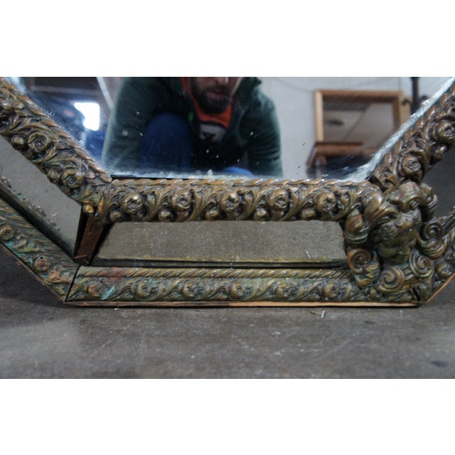 Antique French Louis XIII Style Figural Repousse Brass Octagonal Wall Mirror For Sale - Image 9 of 10