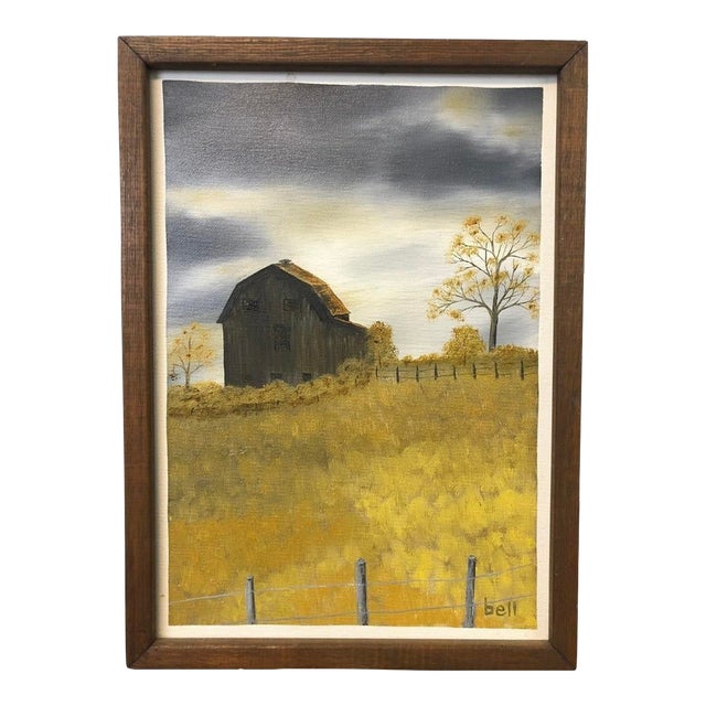 Original G. Bell Country Farm Landscape Oil Painting, "Barn on a Hill" in Wood Frame Circa 1992 For Sale