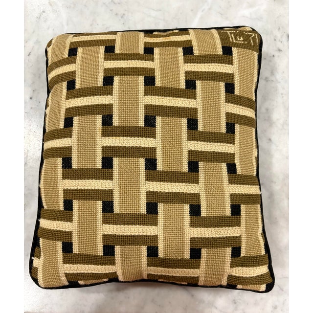 Mid-Century Modern Vintage Handmade & Signed Bargello Needlepoint Basketweave Wool & Velvet Pillow for Mid Century Modern, Boho Chic or Cottage Core Decor For Sale - Image 3 of 6