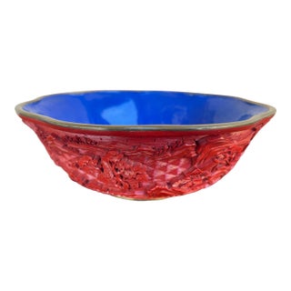 Mid Century Chinese Red Cinnabar Lacquerware & Brass Rim Scallup Landscape Bowl For Sale