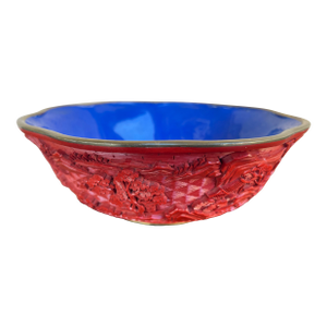 Mid Century Chinese Red Cinnabar Lacquerware & Brass Rim Scallup Landscape Bowl