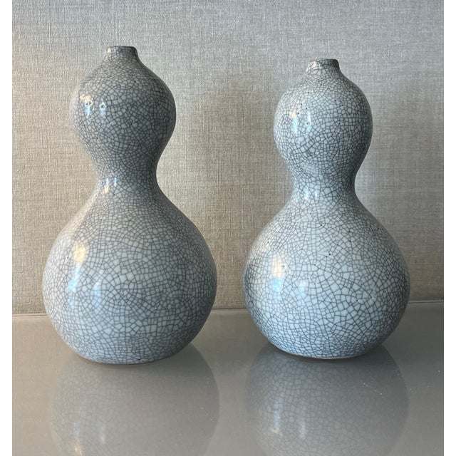 Vintage Japanese Raku Crackle Glaze Studio Art Pottery Showa Period Gourd Shape Vases - A Pair For Sale - Image 10 of 17