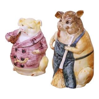 19th Century French Figural Barbotine Faience Pig Tobacco Jars, Set of 2 For Sale