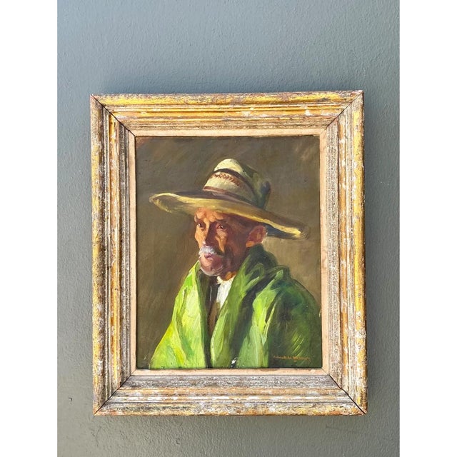 An evocative 20th-century vintage oil painting on canvas capturing a contemplative man wearing a wide-brimmed hat and...