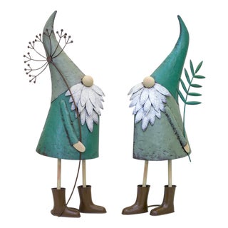 Iron Metal Standing Garden Gnome with Flower (Set of 2) For Sale