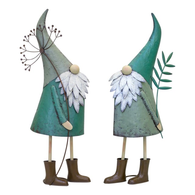 Iron Metal Standing Garden Gnome with Flower (Set of 2) For Sale