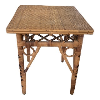 Vintage 1970s Boho Peacock Style Wrapped Wicker Side Table For Sale