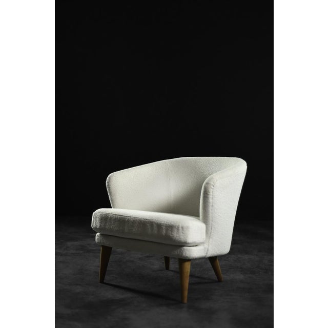 Mid-Century Modern Low Mid-Century Scandinavian Modern Oak & Fabric Armchair with Rounded Backrest, 1960s For Sale - Image 3 of 18