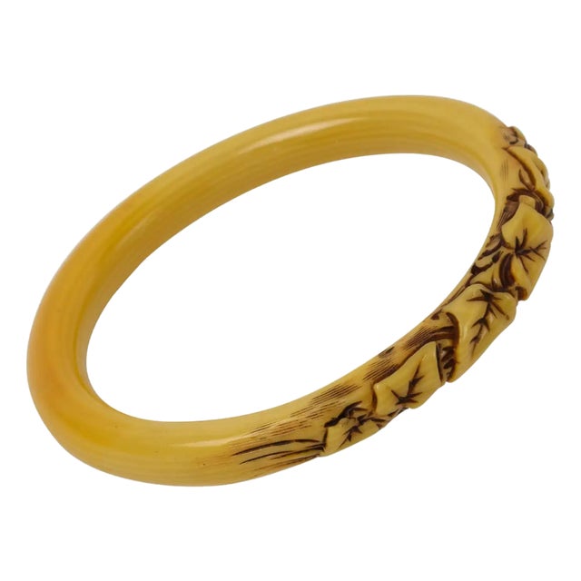 Art Deco Celluloid Bracelet Bangle with Carved Ivy Leaves For Sale