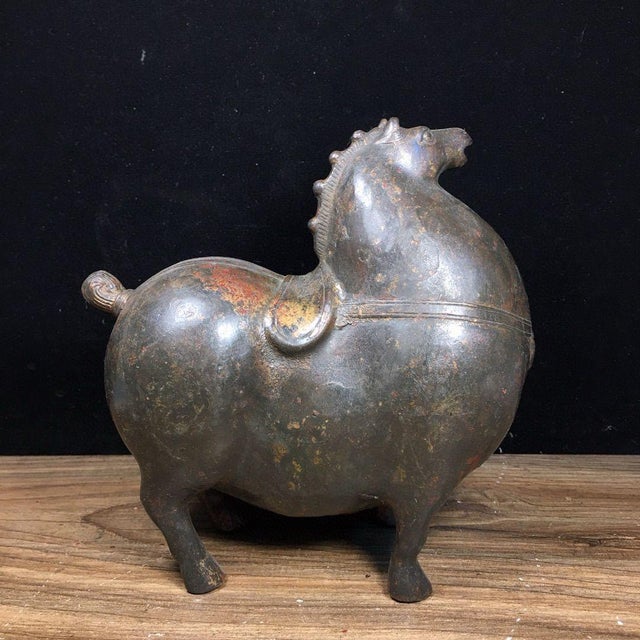 Brown Antique Bronze Tang Style Horse Sculpture – 6.5" Gilt & Red Pigment Figure For Sale - Image 8 of 9