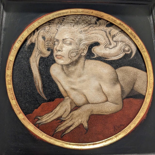 Oracle by Allen Williams | Oil on Board Nude figure with elaborate hair and mythical elements. For Sale - Image 4 of 5