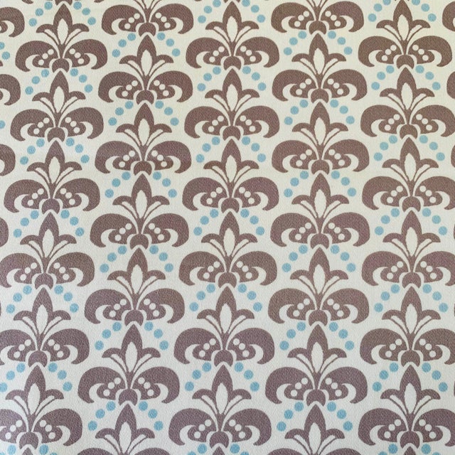 Free Spirit Designer Vicki Payne Aqua Cream Gray Block Print Fleur De Lis Scallop Fabric- 7.2 Yards For Sale