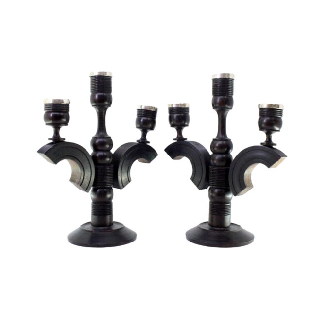 Silver Black Wood Candelabras with Silver Applications, Set of 2 For Sale - Image 8 of 8
