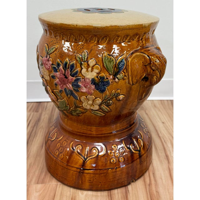 Vintage Majolica Style Floral Elephant Garden Stool For Sale In Kansas City - Image 6 of 12