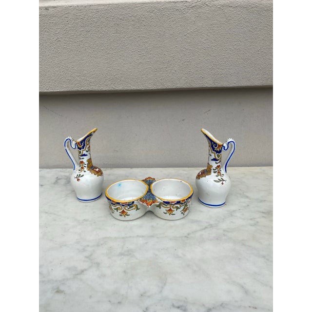 French Country Set of French Faience Oil & Vinegar Pitcher & Holder Desvres For Sale - Image 3 of 5
