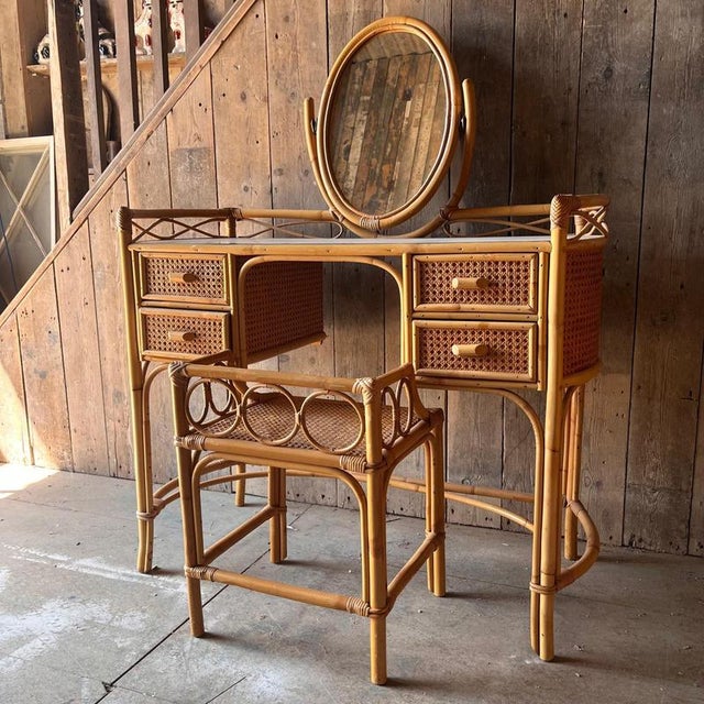 Cane and Bamboo Dressing Table with Oval Mirror and Stool, Set of 2 For Sale - Image 3 of 9
