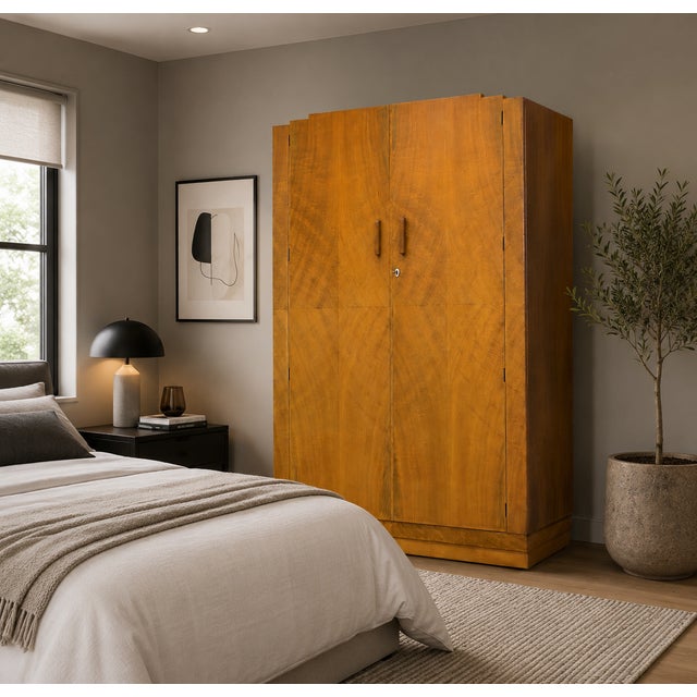 A1930s Art Deco wardrobe in figured walnut, featuring bookmatched veneers, a stepped cornice and original walnut handles....