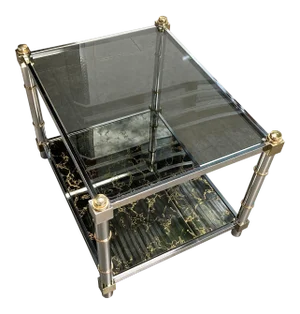1980s Mid-Century Modern Chrome & Brass Tiered Glass End Table