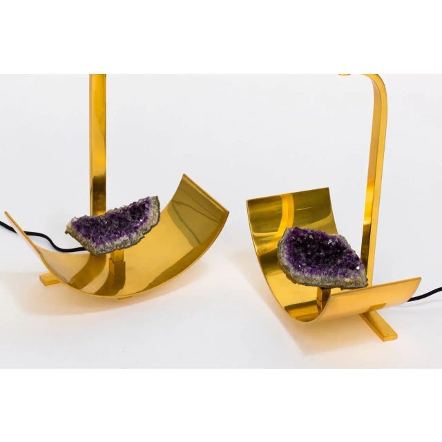 Contemporary Bronze and Amethyst Lamp in the Manner of Willy Daro - a Pair For Sale - Image 3 of 8