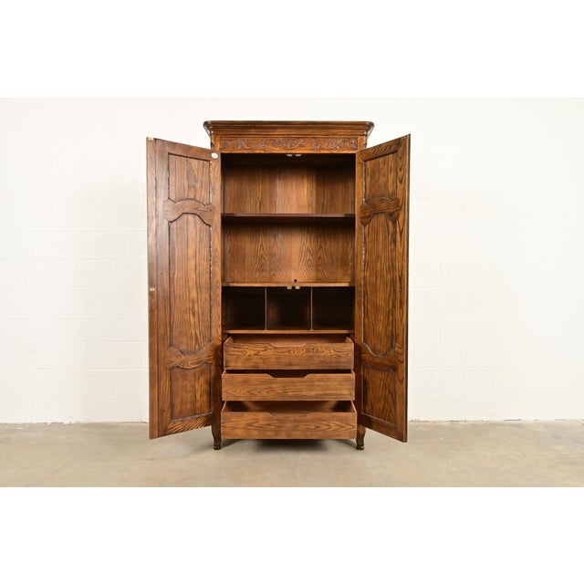 1960s Baker Furniture French Provincial Louis XV Carved Oak Armoire Dresser or Linen Press, Circa 1960s For Sale - Image 5 of 16