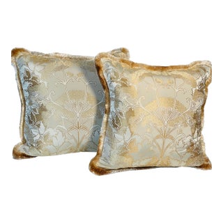 Gorgeous Pair Fortuny Style Silk Brocade Pillows With Fringes and Feather Down For Sale