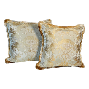 Gorgeous Pair Fortuny Style Silk Brocade Pillows With Fringes and Feather Down