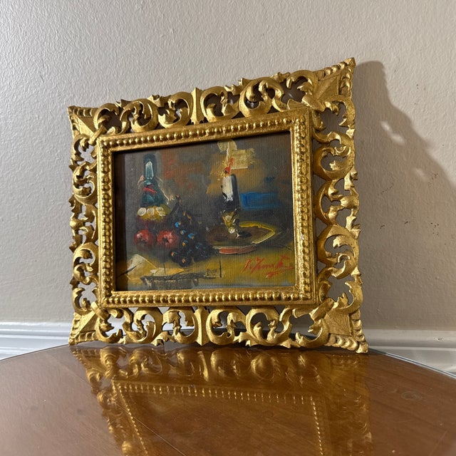 Vintage Italian Still Life Oil Painting Gold Ornate Frame Signed Original For Sale - Image 4 of 10
