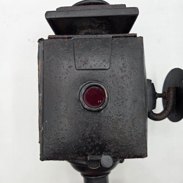 Metal Antique c.1890s Carriage Buggy Spring Candle Side Lamp W/ Red Lens For Sale - Image 7 of 9