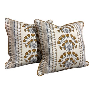 Pair of 20x20 Block-Print Floral Border Pillows – Golden Mustard & Slate Blue on Ivory For Sale