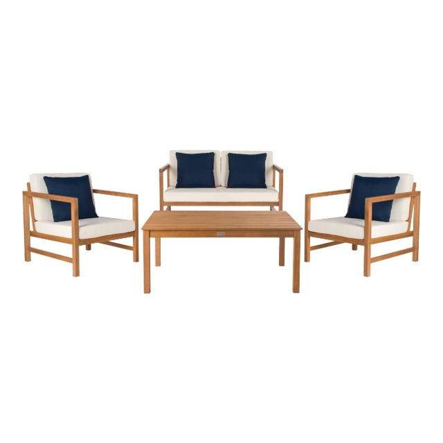 Outdoor Table and Chair Set With Accent Pillows in Natural & White & Navy - 4 Pieces For Sale