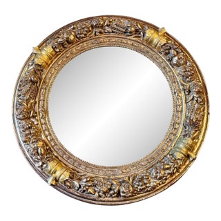 Large Round Gold Gilt Wall Mirror Ornate Florentine Regency 31''-Vintage-Baroque For Sale