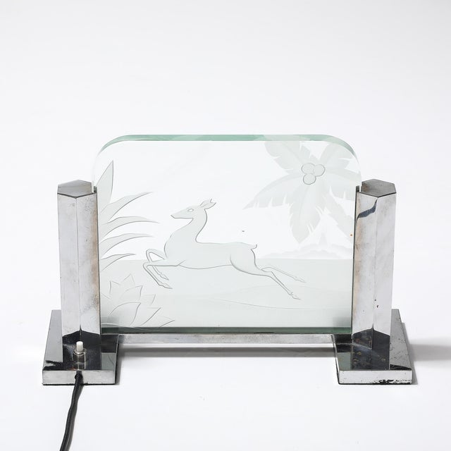 Metal Art Deco Silvered Bronze Table Lamp With Reversed Etched Leaping Gazelle Motif For Sale - Image 7 of 16