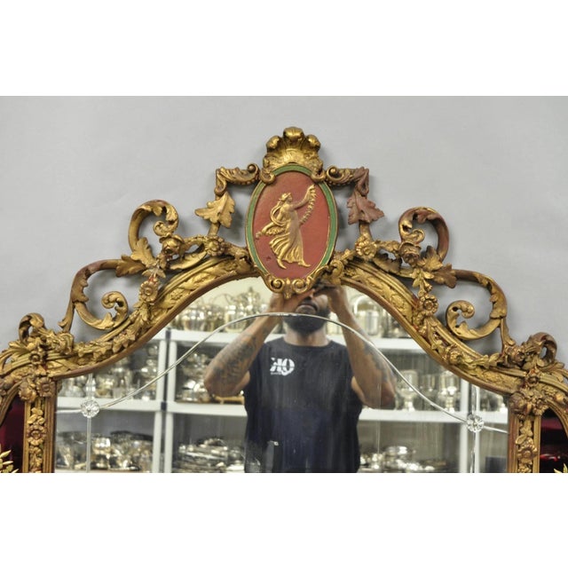 Rococo Antique French Neoclassical Baroque Gold Gilt Gesso Red Glass Frame Wall Mirror For Sale - Image 3 of 18