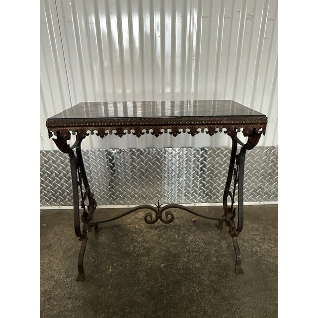French 1920s Black Marble Wrought Iron Table W Flowers For Sale - Image 3 of 9