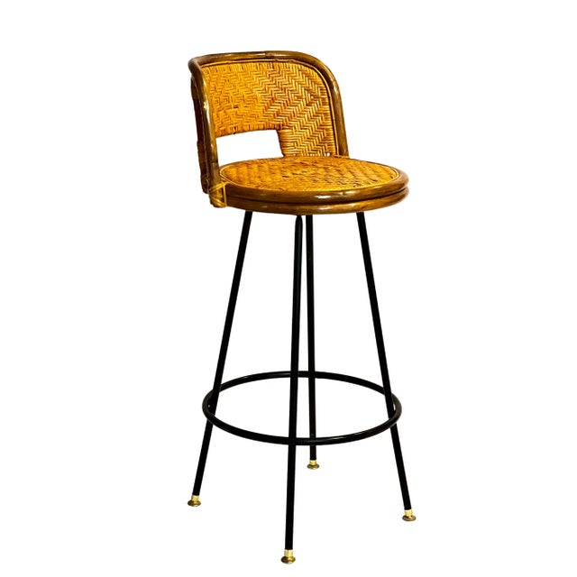 Mid-Century Modern Vintage Mid 20th Century Bamboo and Rattan Swivel Bar Stool For Sale - Image 3 of 10