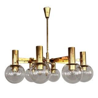 Mid-Century Brass and Eight Light Glass Globes Chandelier from Hans-Agne Jakobsson Ab Markaryd, 1970s For Sale