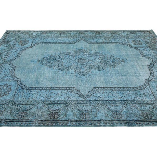 Mid 20th Century Vintage Persian Overdyed Handmade Medallion Blue Wool Rug For Sale - Image 5 of 11